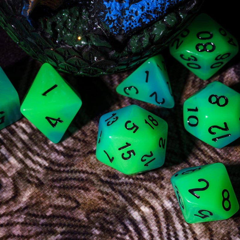 Poludie Glow in The Dark DND Dice, 7Pcs Luminous Polyhedral Die Set with Leather Die Bag, Glowing D&D Dice for RPG Table Games(Green Blue) - Image 4
